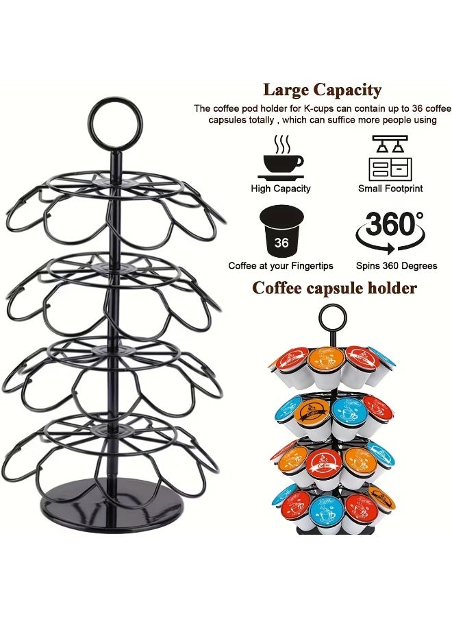 360 Degree Rotating Coffee Pod Holder, 4-Tier K-Cup Organizer, Black Metal Coffee Capsule Dispenser with 36 Capacity - Image 2