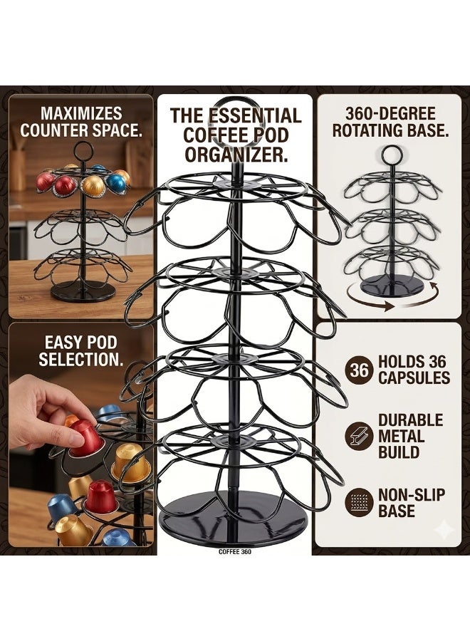 360 Degree Rotating Coffee Pod Holder, 4-Tier K-Cup Organizer, Black Metal Coffee Capsule Dispenser with 36 Capacity - Image 5