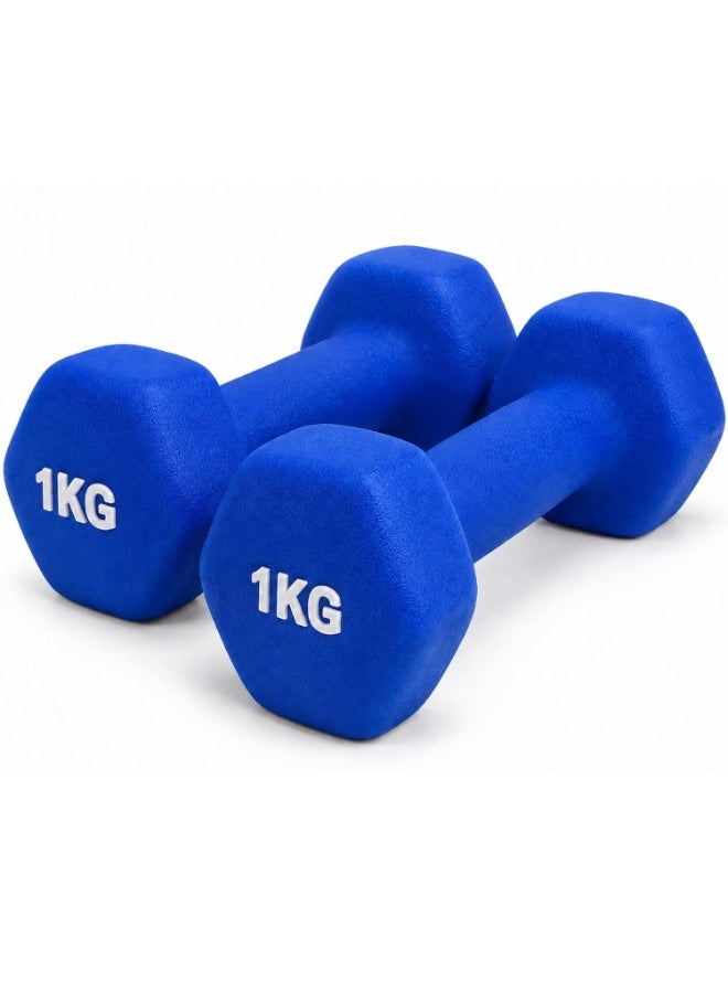 DBLEW Neoprene Dumbbells 1kg, [2 Piece] of Hex Hand Weights, Anti-Slip Dumbbell Set for Home Gym, Strength Training, Aerobics, Pilates, Yoga & Fitness Workouts Cardio Gym Blue - Image 1