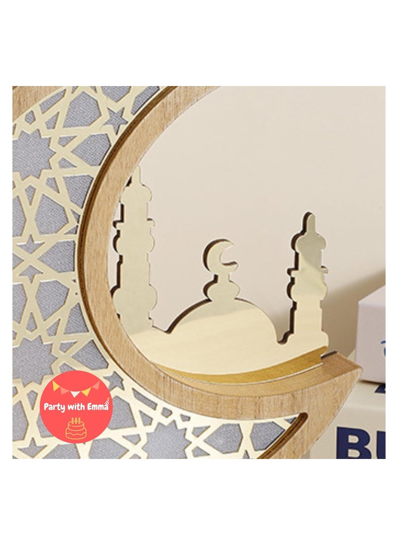 Party with Emma Ramadan Eid Mubarak Ornaments Wooden Moon Star Ramadan Table Plaque Ornament Tabletop Decoration for Festival Home Party Supplies (Mosque)  - Image 2