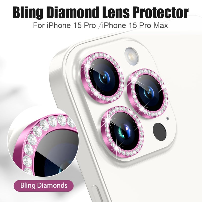 AGVEE 3+3 6 Pack for iPhone 15 Pro 6.1" / 15 Pro Max 6.7" Camera Lens Protector, Bling Diamond & Bling Glitter Metal Ring 9H Tempered HD Glass Camera Cover Film, Bling-Rose - Image 4