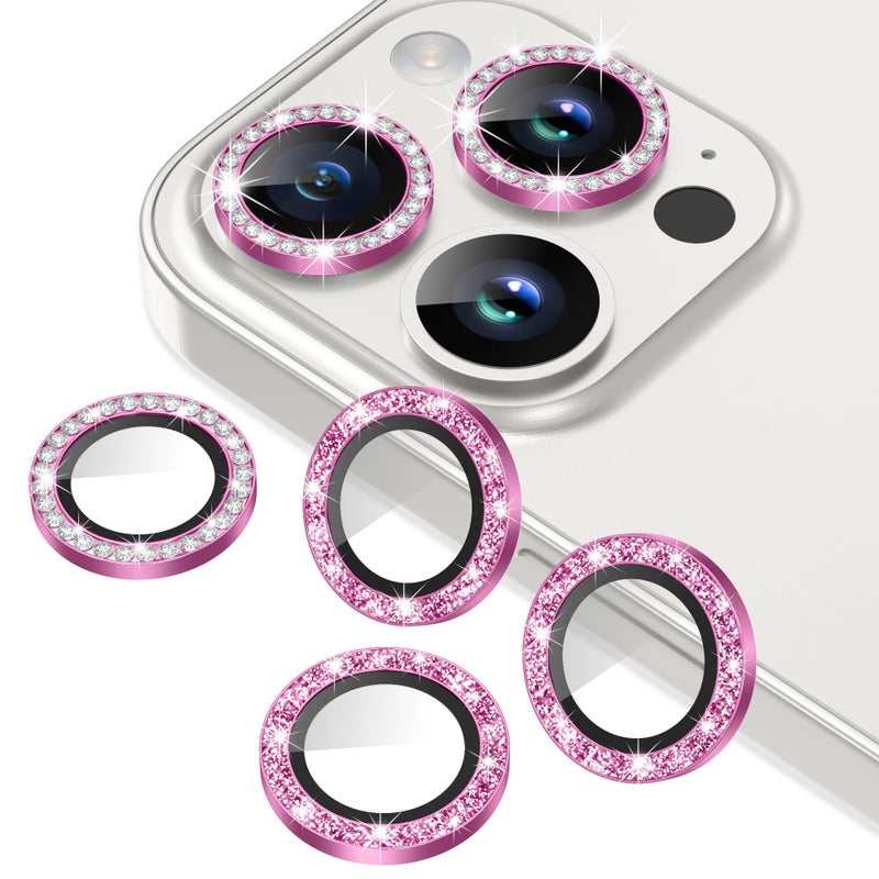 AGVEE 3+3 6 Pack for iPhone 15 Pro 6.1" / 15 Pro Max 6.7" Camera Lens Protector, Bling Diamond & Bling Glitter Metal Ring 9H Tempered HD Glass Camera Cover Film, Bling-Rose - Image 1