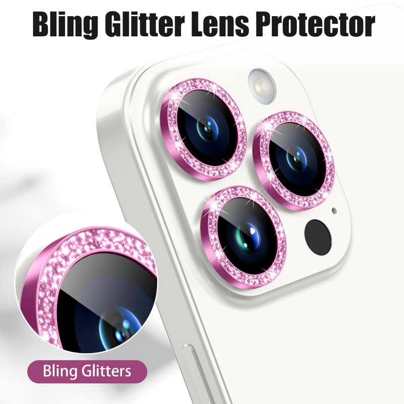 AGVEE 3+3 6 Pack for iPhone 15 Pro 6.1" / 15 Pro Max 6.7" Camera Lens Protector, Bling Diamond & Bling Glitter Metal Ring 9H Tempered HD Glass Camera Cover Film, Bling-Rose - Image 5