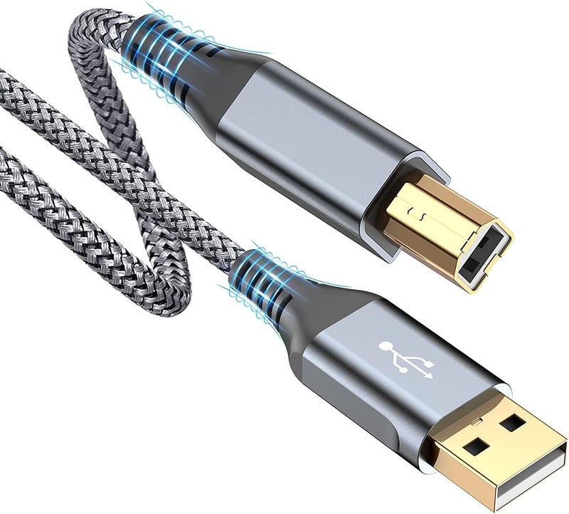 rts Printer Cable (3M / 9.84 Feet) USB 2.0 Printer Cable USB-A to USB-B Cable, High Speed Nylon Braided Scanner Printer Cord for HP Canon Dell Epson Brother Lexmark Xerox Samsung Piano DAC Grey - Image 1