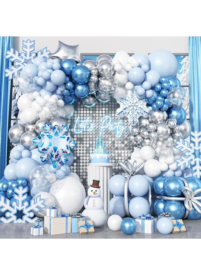 147Pcs Blue Snowflake Balloon Garland Arch kit-Snowflake Balloon with Silver Blue White Latex Balloons set for Winter Wonderland Holiday Christmas Baby Shower Snow Princess Birthday Party Decorations - Image 1
