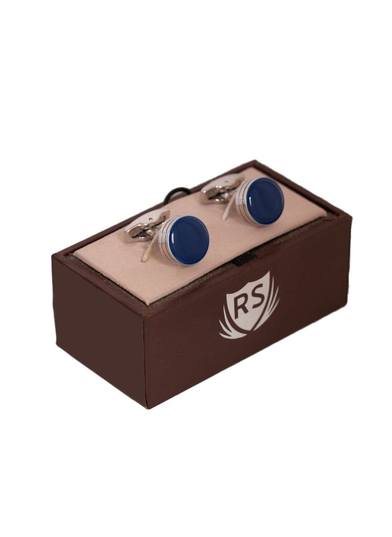 RS - Round Formal Silver Blue Cufflink - Image 1