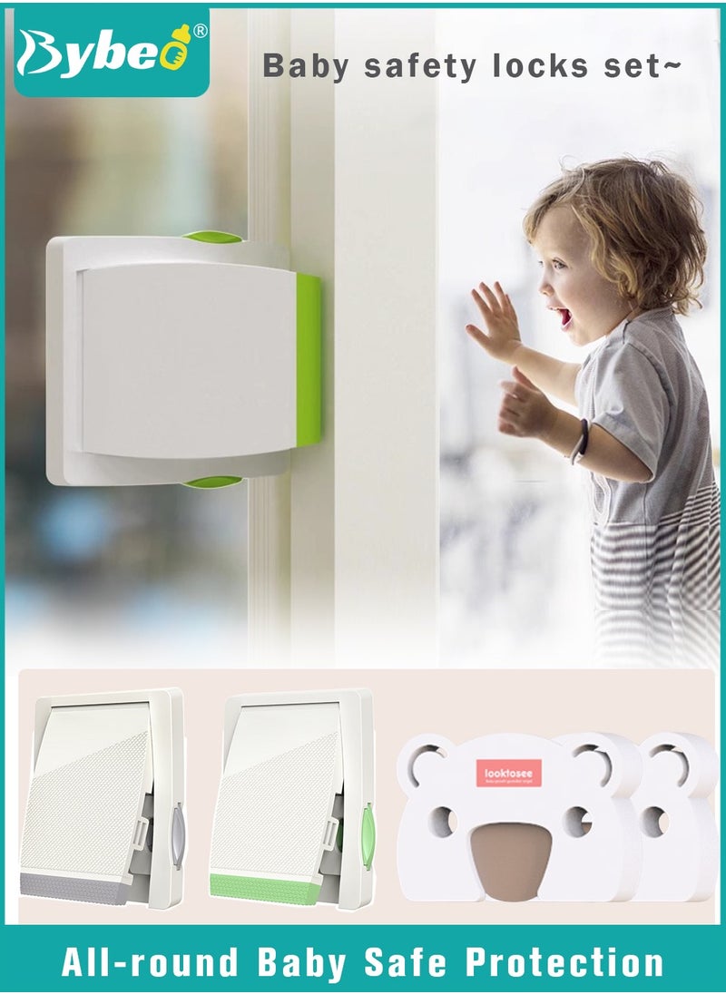 Bybeo 4-Piece Baby Safety Locks And Baby Safety Door Stopper, Sliding Window Safety Locks, Child Window Restrictor, Child Proof Door Guard, Children Security Locks for Sliding Windows, Door, Cabinets, Ideal for Toddlers and Kids  - Image 1