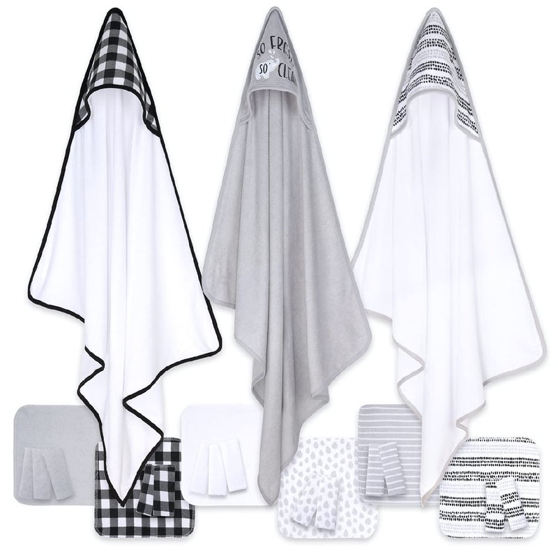 The Peanut Shell The Peanutshell Hooded Bath Towel and Wash Cloth Set for Baby Boys or Girls - 23 Piece Unisex Set - Black Plaid and Stripe - Image 5