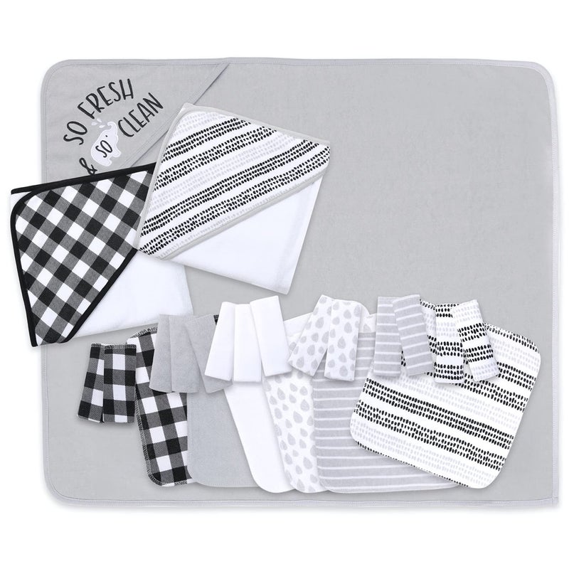 The Peanut Shell The Peanutshell Hooded Bath Towel and Wash Cloth Set for Baby Boys or Girls - 23 Piece Unisex Set - Black Plaid and Stripe - Image 1