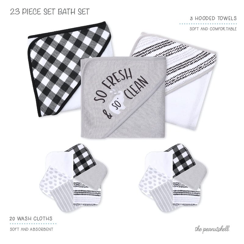 The Peanut Shell The Peanutshell Hooded Bath Towel and Wash Cloth Set for Baby Boys or Girls - 23 Piece Unisex Set - Black Plaid and Stripe - Image 4