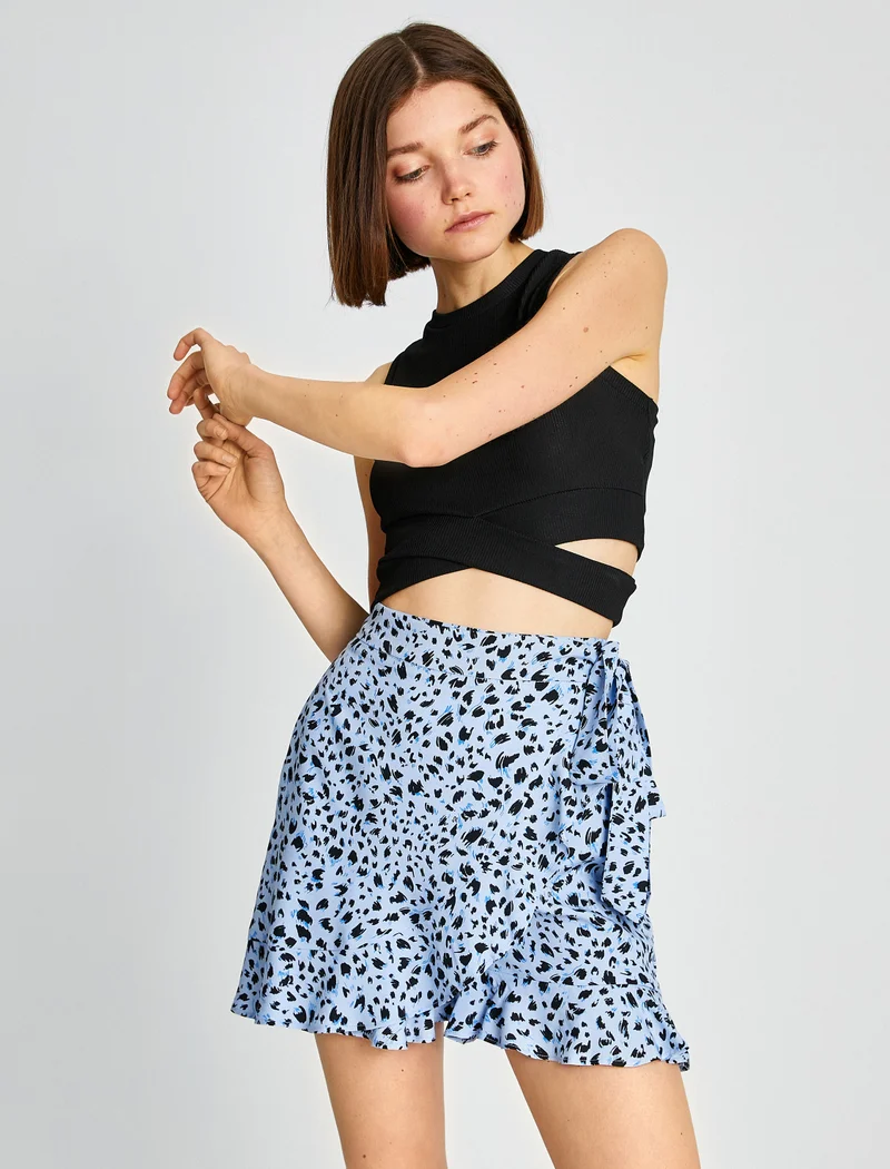 KOTON Mini Shorts Skirt Patterned Ruffle Tie Detail