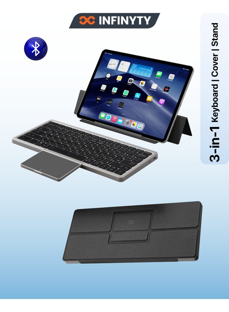 INFINYTY Universal Wireless Keyboard with Trackpad & Sturdy Stand-UnikeyX Black 5.0 Bluetooth Chip, Long Lasting Battery, Multi-Touch Gestures, English & Arabic Keys, Compatible with iOS, Android, Windows, iPadOS, MacOS, ChromeOS - Image 1