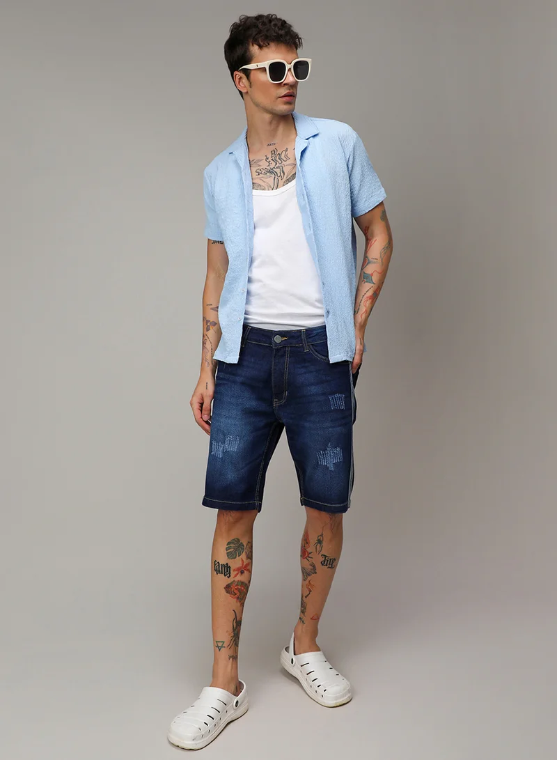 Campus Sutra Men's Blue Pencil Side-Striped Denim Shorts