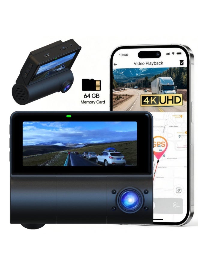 Saivision Max Dash Cam Ultra HD 4K+1K+1K+GPS, 2160P Front+1080P Interior & 1080P Rear Cameras, 64GB Storage Card Included, 3.16” LCD Screen, Parking Monitor, G-Sensor, Loop Recording, 140°, Saudi Arabia Car DVR - Image 1