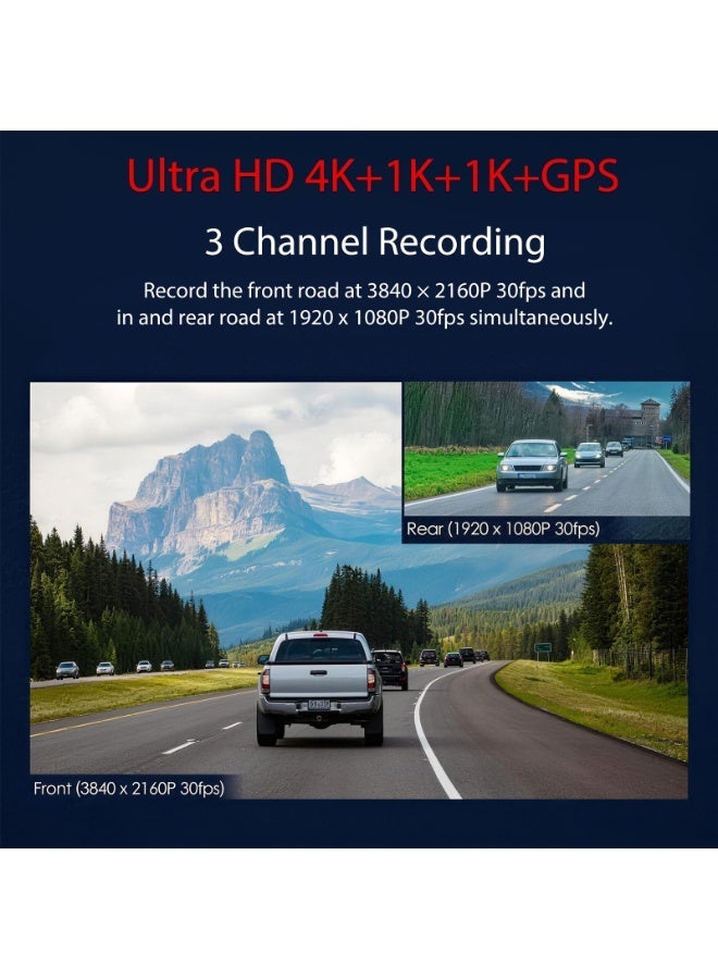 Saivision Max Dash Cam Ultra HD 4K+1K+1K+GPS, 2160P Front+1080P Interior & 1080P Rear Cameras, 64GB Storage Card Included, 3.16” LCD Screen, Parking Monitor, G-Sensor, Loop Recording, 140°, Saudi Arabia Car DVR - Image 3