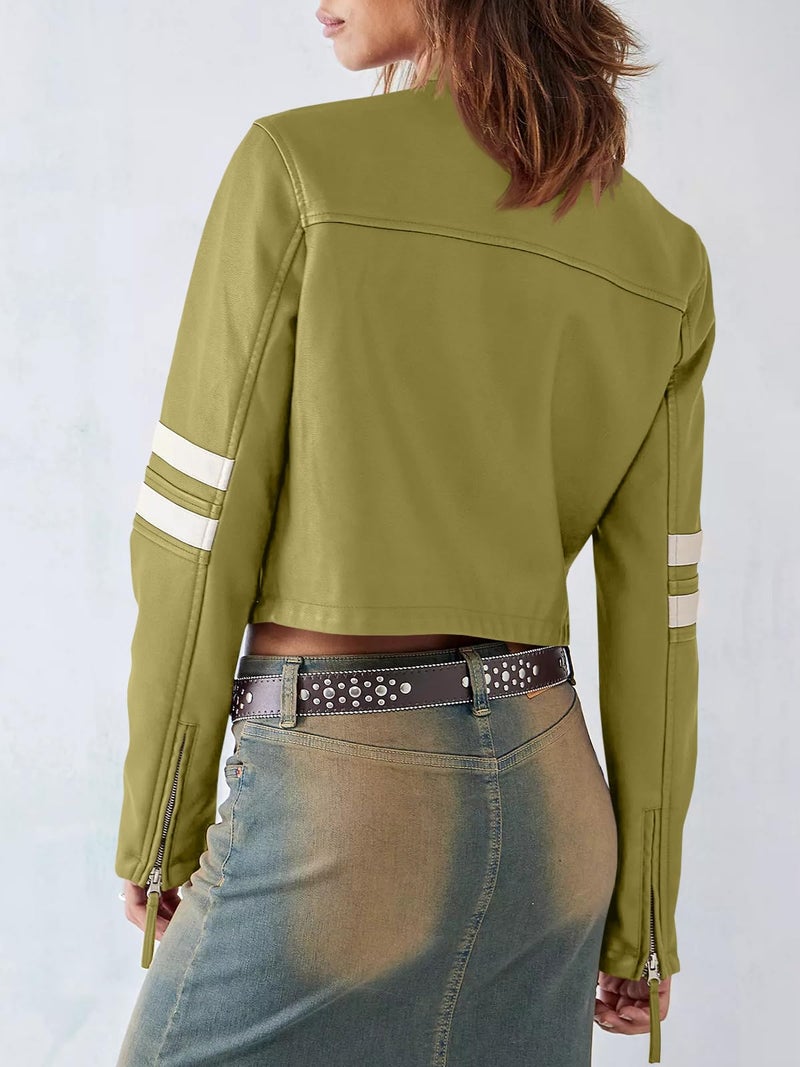 Saodimallsu Womenâ€™s Faux Leather Jackets Zip Up Stand Collar Cropped Motocross PU Coats - Image 4