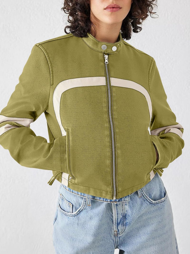 Saodimallsu Womenâ€™s Faux Leather Jackets Zip Up Stand Collar Cropped Motocross PU Coats - Image 3
