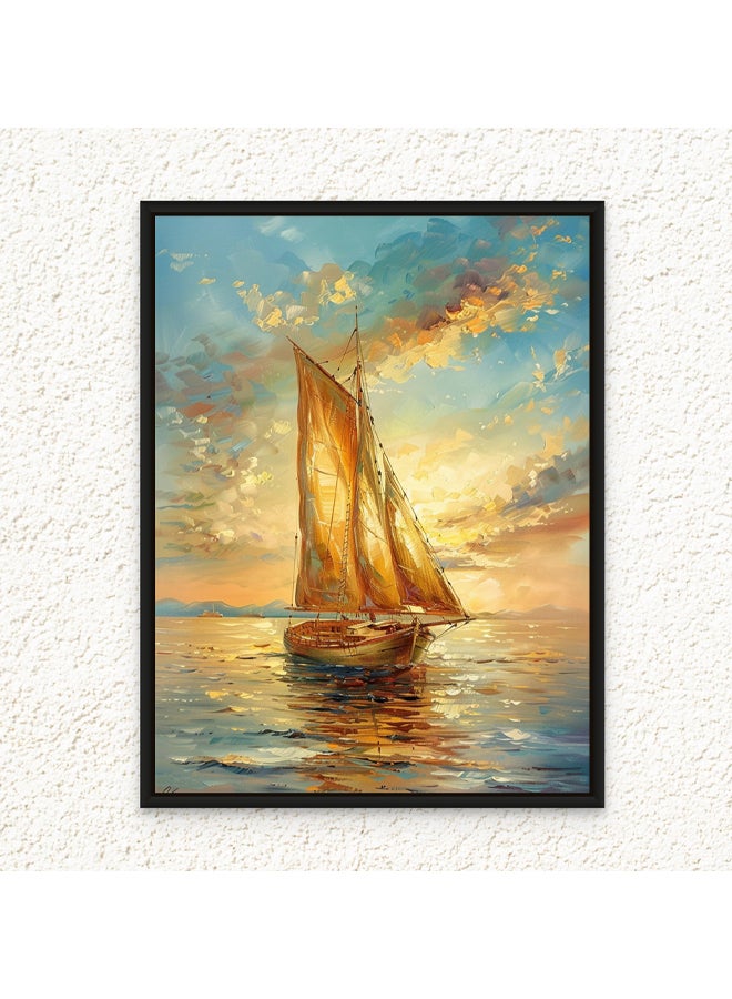 Art Decor Framed Canvas Wall Art of Sailing Boat Painting with Golden Sunset Portrait Neutral Color Print Wall Decor for Home Office Living Room Bedroom Gifting