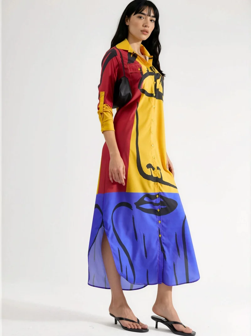 جينيفر Abstract Print Maxi Dress with Button Closure