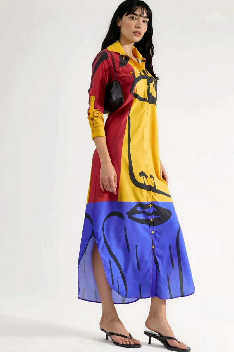 Jennyfer Yellow Abstract Print Maxi Dress with Button Closure for Women | Best Price UAE