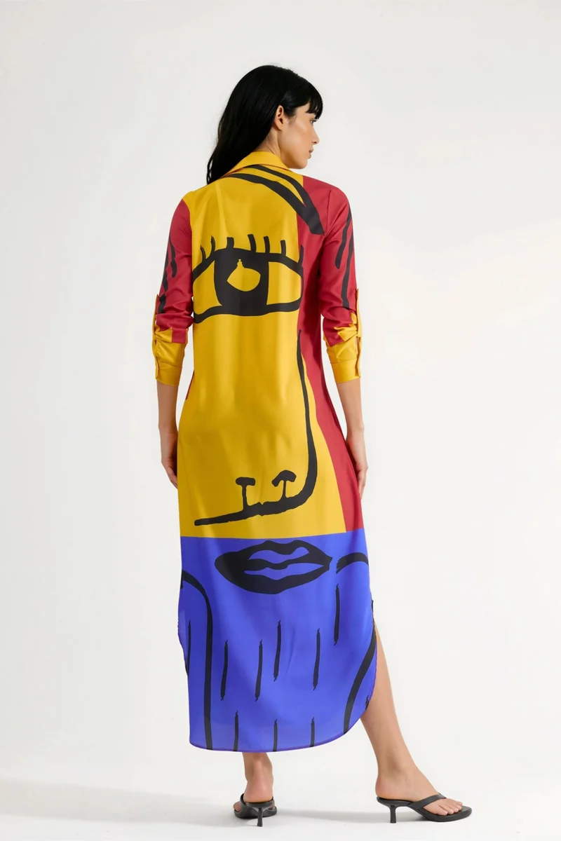 Jennyfer Yellow Abstract Print Maxi Dress with Button Closure for Women | Best Price UAE