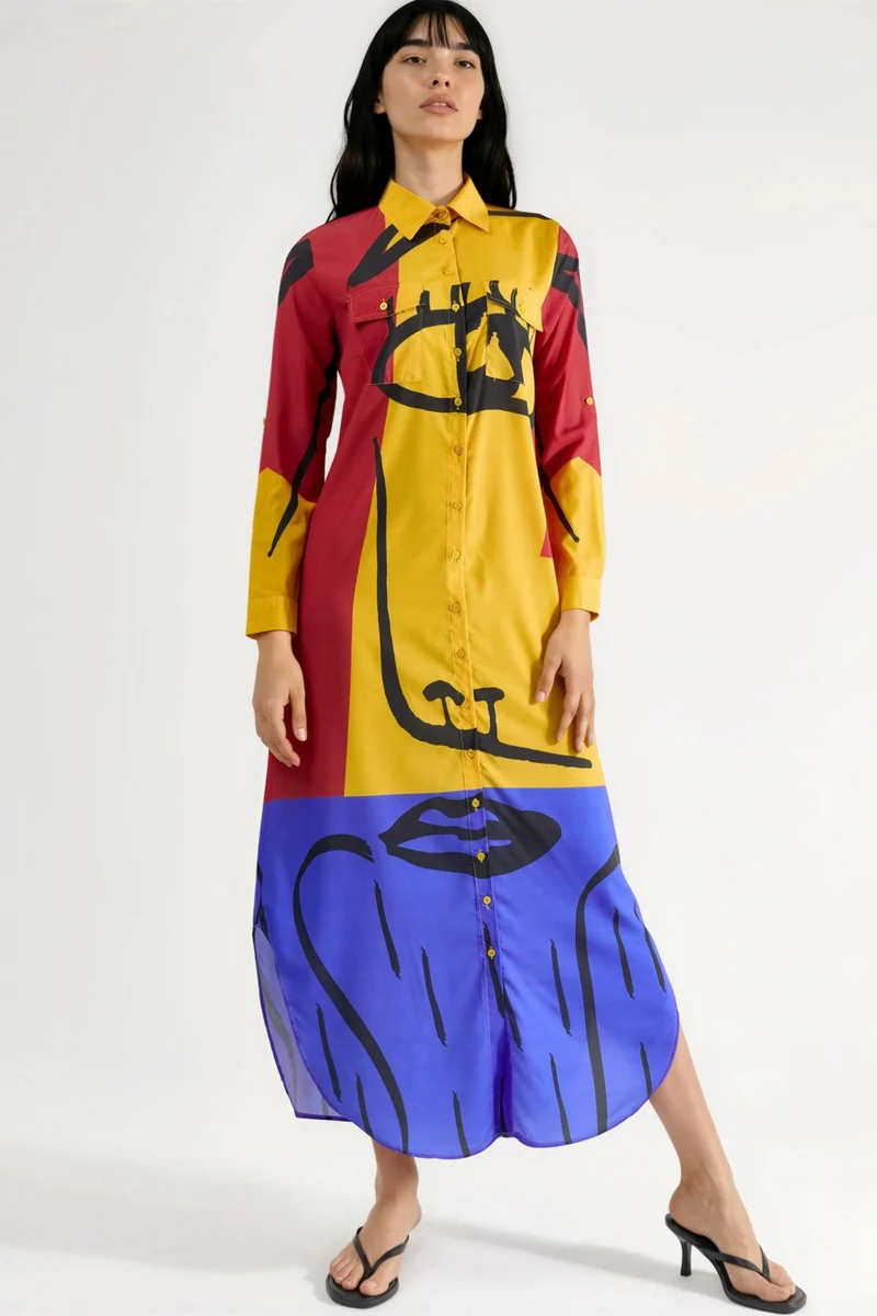 Jennyfer Yellow Abstract Print Maxi Dress with Button Closure for Women | Best Price UAE