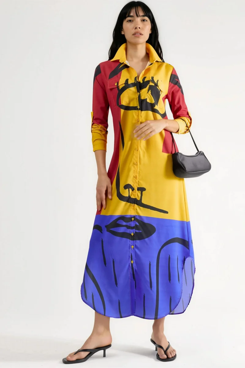 Jennyfer Abstract Print Maxi Dress with Button Closure