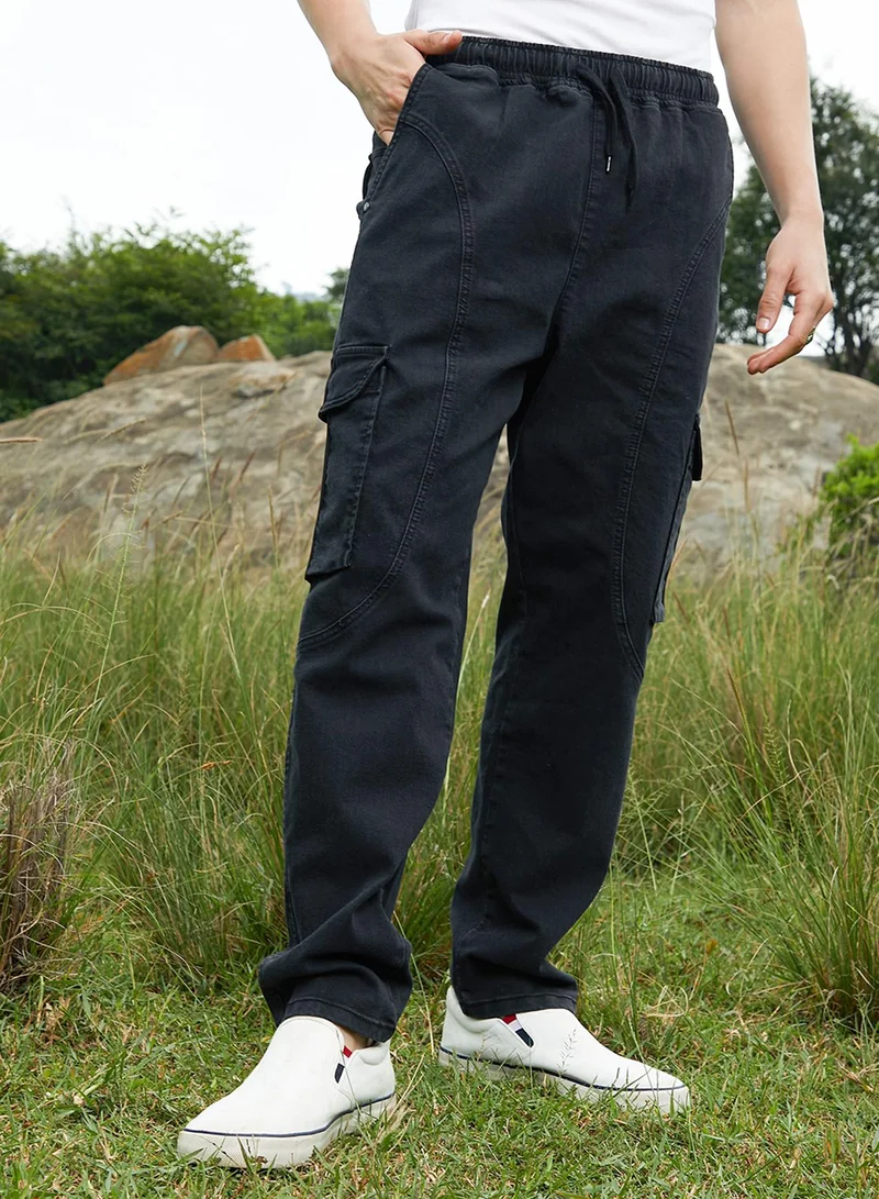 Campus Sutra Men's Midnight Black Straight-Fit Utility Denim Jeans For Casual Wear | Mid-Rise | Dark-Wash | Drawstring Closure | Denim Jeans Crafted With Comfort Fit For Everyday Wear