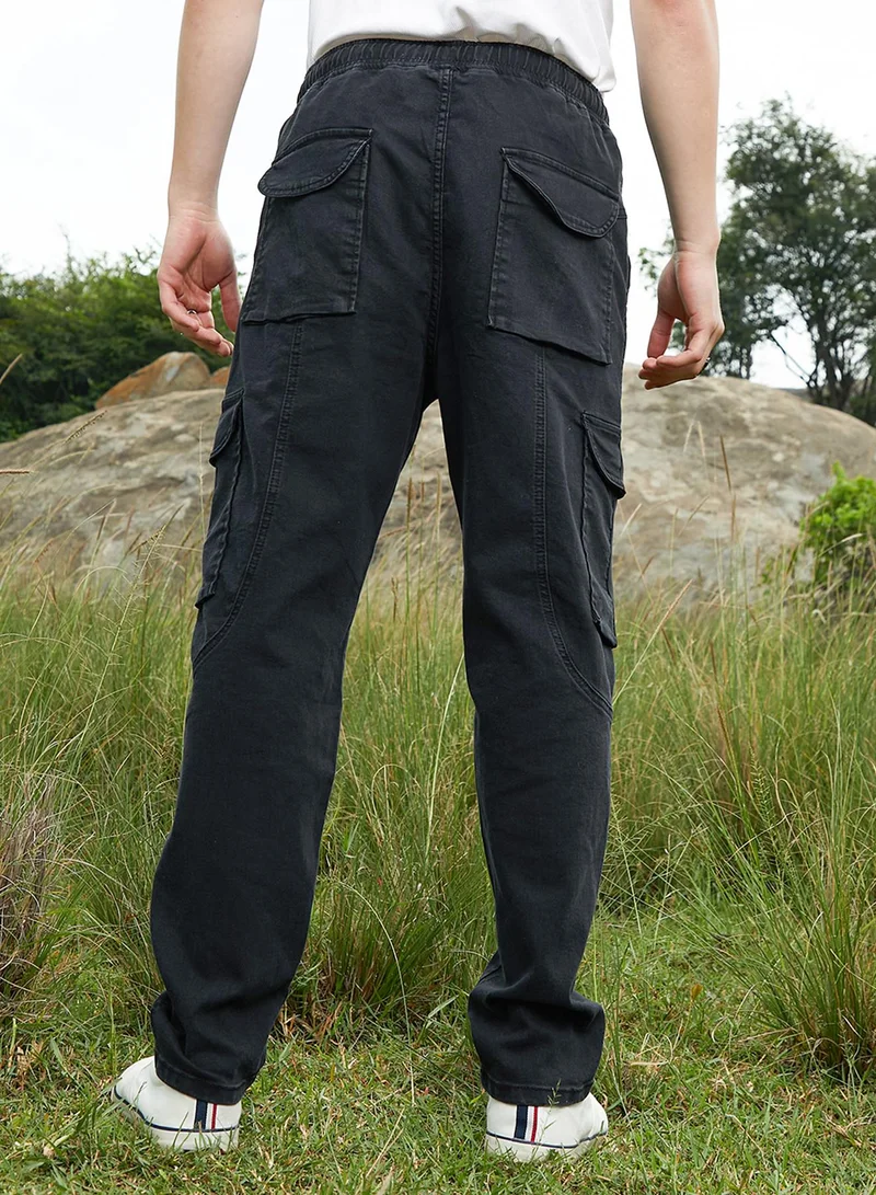 Campus Sutra  Men's Midnight Black Straight-Fit Utility Denim Jeans For Casual Wear | Mid-Rise | Dark-Wash | Drawstring Closure | Denim Jeans Crafted With Comfort Fit For Everyday Wear for Men | Best Price UAE