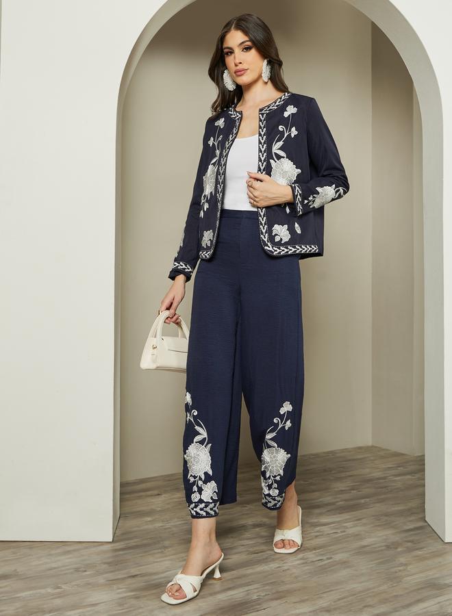 Styli Embroidered Hem Mid Rise Ankle Wide Leg Pants  - Image 1