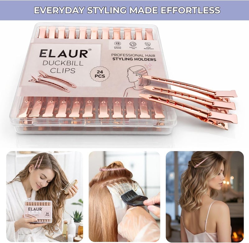 ELAUR 24 Pcs Professional Alligator Clips for Hair Styling – 3.5" Aluminum Hair Sectioning Clips for Salon & Makeup Application | Rust-Free, Lightweight for Stylists & At-Home Use – Rose Gold - Image 2
