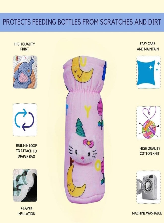 KIDS BASIC Stainless Steel Baby Feeding Bottle 240 ML with Velvet Bottle Cover and 3 Pcs of Button Bibs (3, Printed Pink) - Image 3