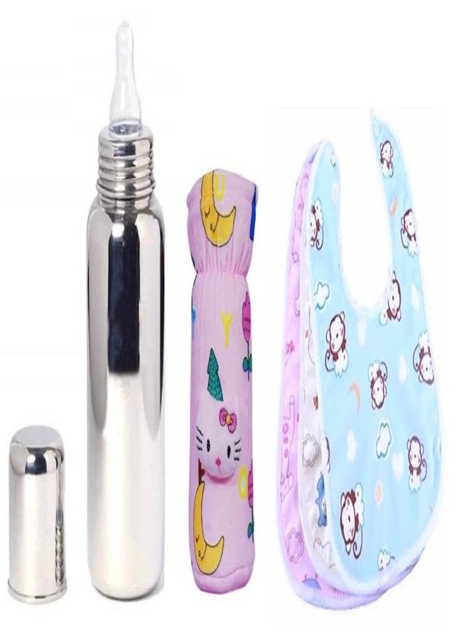 KIDS BASIC Stainless Steel Baby Feeding Bottle 240 ML with Velvet Bottle Cover and 3 Pcs of Button Bibs (3, Printed Pink) - Image 1