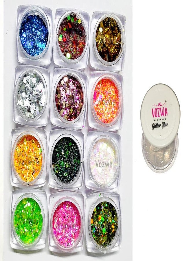 Vozwa Professional Eye Makeup 12 Multicolor Chunky Eye Shadow Glitter Sparkle with Glitter Glue - Image 2