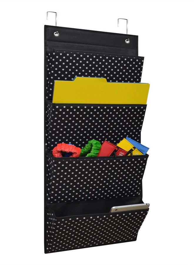 AUVCAS Fabric Over Door Document Organizer Hanging Wall file Organizer Wall Mounted Folder Storage Holder for Office Classroom Home,4 Large Cascading Pockets,2 Over Door Hooks Included,Black Polka Dot - Image 1