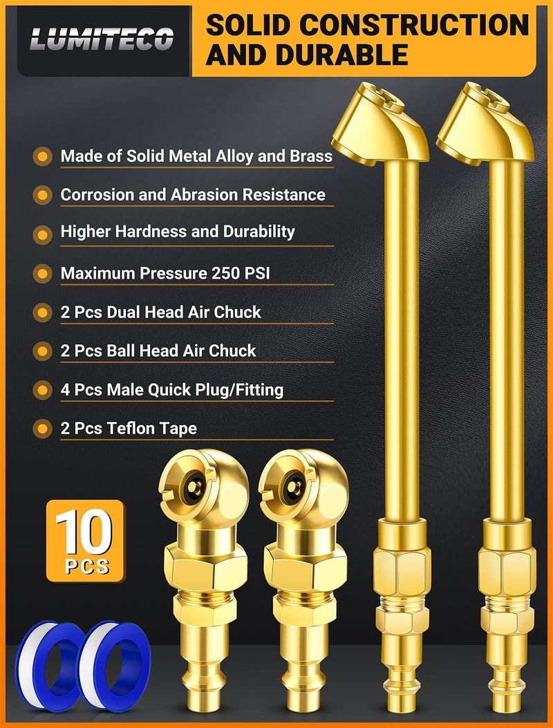 LUMITECO 2 Pack Heavy Duty Air Chuck Set-1/4 Inch Female NPT Closed Ball tire Chuck, Dual Head Air Chuck and Standard Male Quick Plug, Tire Air Fill Kit for Tire Inflator Gauge and Air Compressor - Image 2