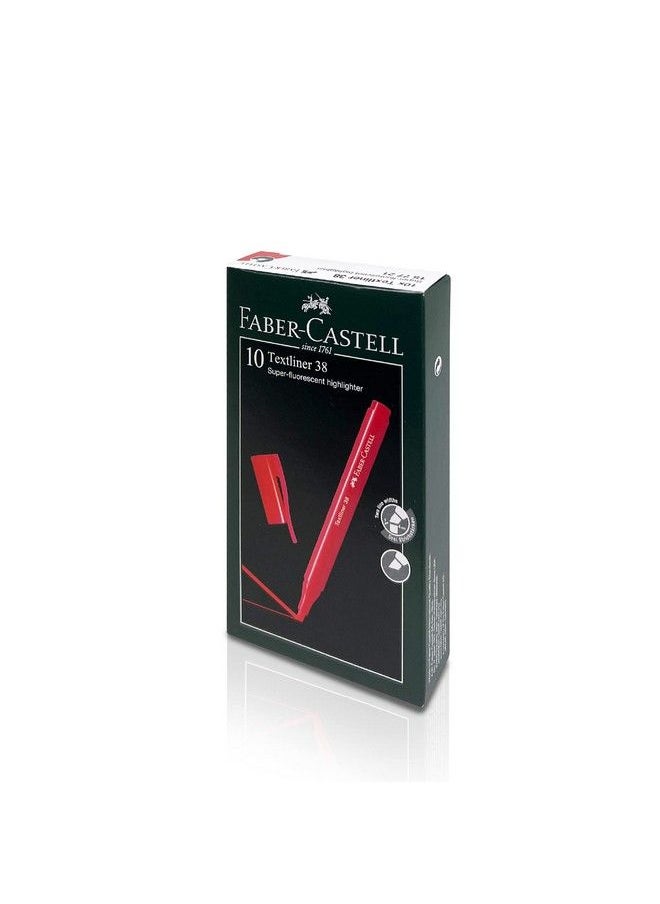 FABER-CASTELL - Textliner 38 Superfluorescent Highlighter Pen Markers Highlighters Assorted Colors ; Chisel Tip Highlighter Pens ; Lightweight Slim Design & Slim Barrel 10 Count (Red) - Image 1