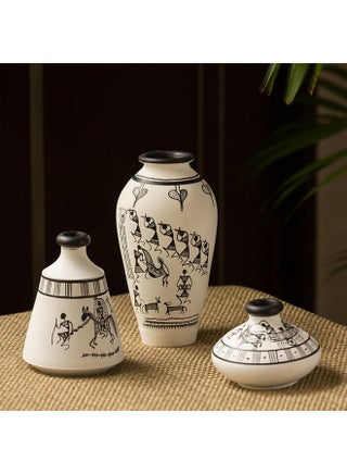 ExclusiveLane 'Warli White Matkis' Terracotta Vase | Round Handpainted Vase for Living Room | Unique Flower Vase Centerpieces | Home Decorative Accent | Ideal Gift for Occasions | White, Set of 3 - pzsku/Z142730BD0619E03D9A96Z/45/1746230628/46de4357-fe21-46db-8a84-7e7dfce7ad02