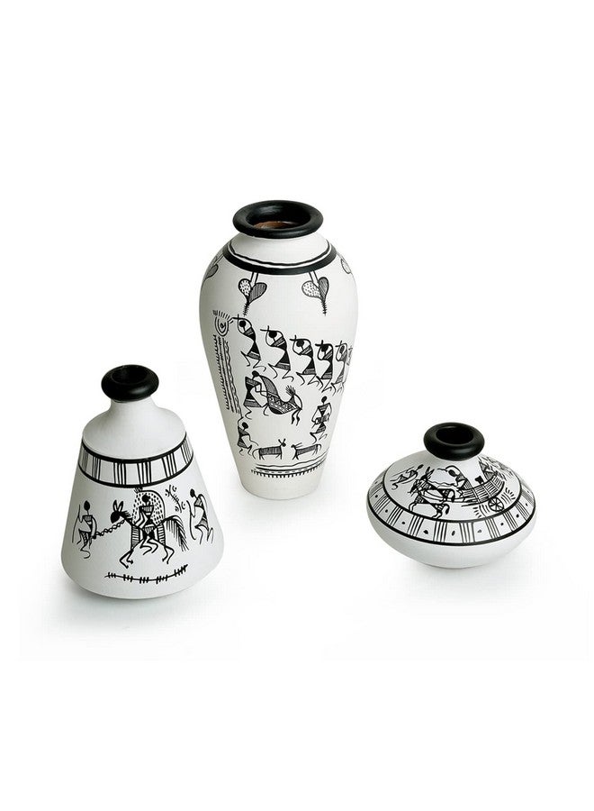 ExclusiveLane 'Warli White Matkis' Terracotta Vase | Round Handpainted Vase for Living Room | Unique Flower Vase Centerpieces | Home Decorative Accent | Ideal Gift for Occasions | White, Set of 3