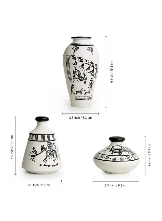 ExclusiveLane 'Warli White Matkis' Terracotta Vase | Round Handpainted Vase for Living Room | Unique Flower Vase Centerpieces | Home Decorative Accent | Ideal Gift for Occasions | White, Set of 3