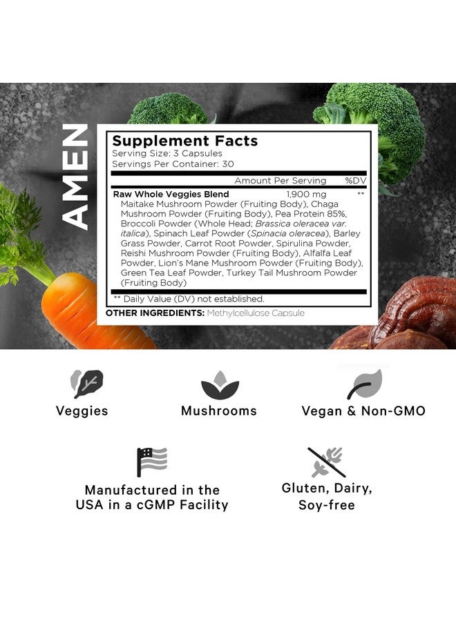 Amen Veggies Daily Veggies Vitamins Supplement Vegetables Vegan Blend & Wholefood Raw Greens Multivitamin Capsules Mushroom Complex Superfood Minerals Green Vegetable Nutrients Nongmo 90 Ct - Image 3