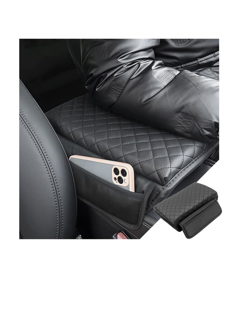 Car Armrest Cushion Carbon Fiber Leather Auto Center Console Pad Memory Foam Armrest Box with Storage Bag Universal Fit for Most Vehicles Black 1 Pcs - Image 1
