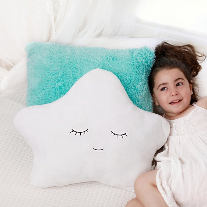 SET OF 2 KIDS DECORATIVE PILLOWS FOR GIRLS TODDLER ROOM FLUFFY WHITE STAR PILLOW AND AQUA TEAL PLUSH PILLOW SOFT GIRLS PILLOWS CUTE KIDS THROW PILLOWS FOR BED BEDROOM