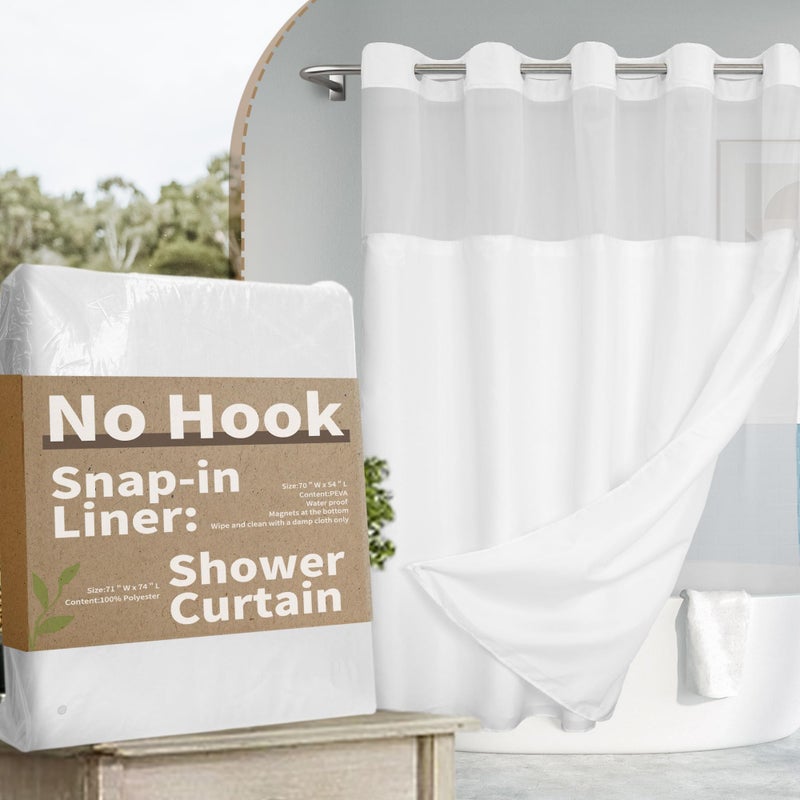 River Dream No Hook Slub Textured Shower Curtain with Snap-in PEVA Liner Set - 71" x 74"(72"), Hotel Style with See Through Top Window, Fabric Outer Curtain & Waterproof Inner Liner, White, 71x74 - Image 1