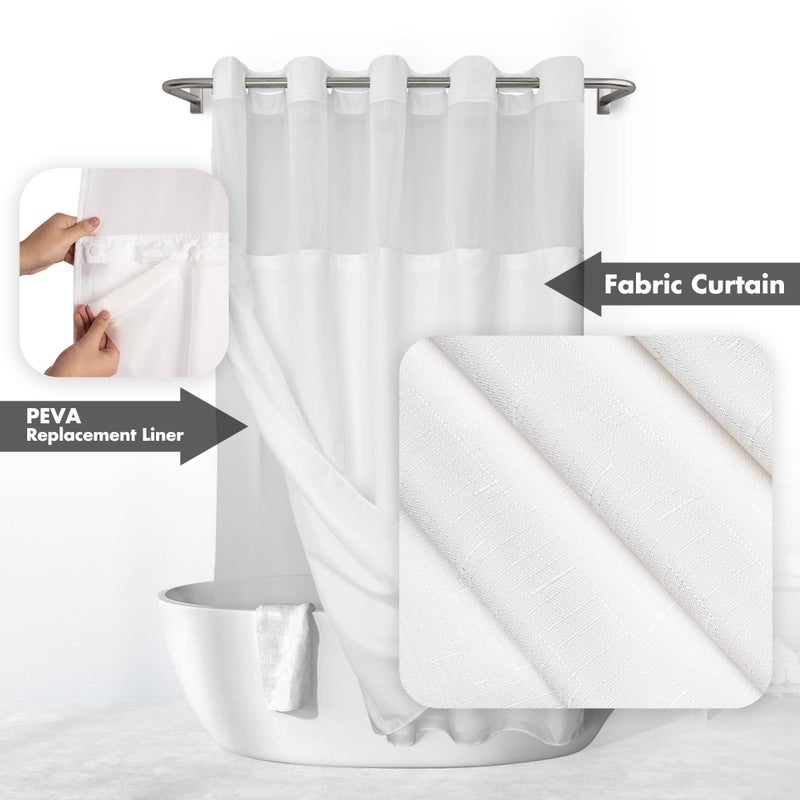 River Dream No Hook Slub Textured Shower Curtain with Snap-in PEVA Liner Set - 71" x 74"(72"), Hotel Style with See Through Top Window, Fabric Outer Curtain & Waterproof Inner Liner, White, 71x74 - Image 2
