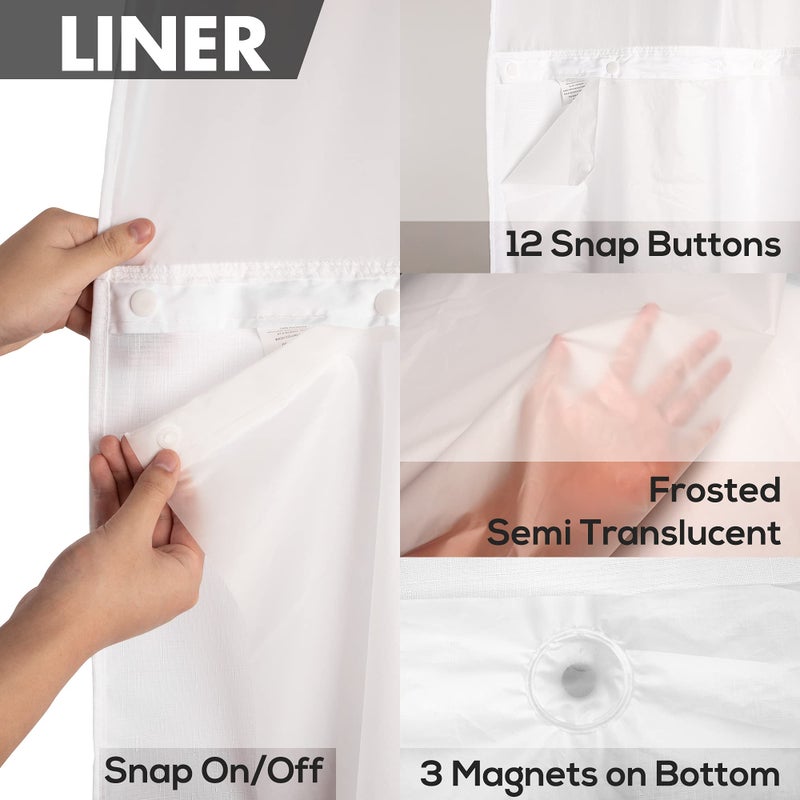 River Dream No Hook Slub Textured Shower Curtain with Snap-in PEVA Liner Set - 71" x 74"(72"), Hotel Style with See Through Top Window, Fabric Outer Curtain & Waterproof Inner Liner, White, 71x74 - Image 5