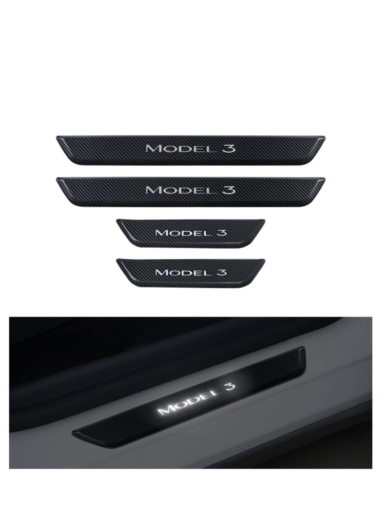سيوسي واقي عتبة الباب مع ضوء LED لطراز Tesla 3 2017-2023، 4 قطع عتبة باب أمامية/خلفية مضيئة، لوحة تحكم مغناطيسية لإضاءة الباب وواقي دخول للباب لطراز Tesla 3 - Image 1