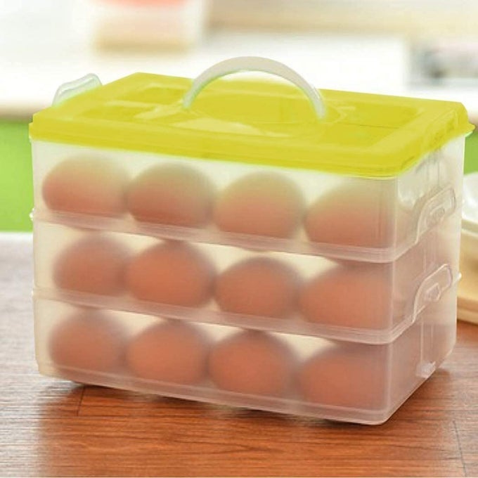 PLASTIC KITCHEN REFRIGERATOR EGG STORAGE 3 LAYER RECTANGULAR EGG CONTAINER ORGANIZER BOX PLASTIC PORTABLE AIRTIGHT OUTDOOR EGG STORAGE CONTAINER WITH CARRY HOLDER MULTICOLOR 32 GRID