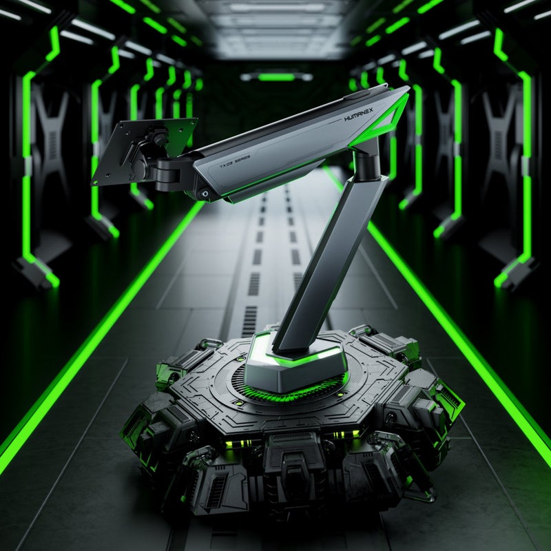 Humanex Gaming Monitor Arm & Single Monitor Stand, Heavy Duty RGB Desk Mount for 17–45″ Screens, Supports up to 16 kg, Full-Motion Tilt, Swivel & 360° Screen Rotation, Infinity Mirror with 20 RGB Lighting Modes, VESA 75×75 / 100×100, Built-In Cable Management, C-Clamp & Grommet – Humanex TX03-1G, Matte Black & Dark Grey - Image 2