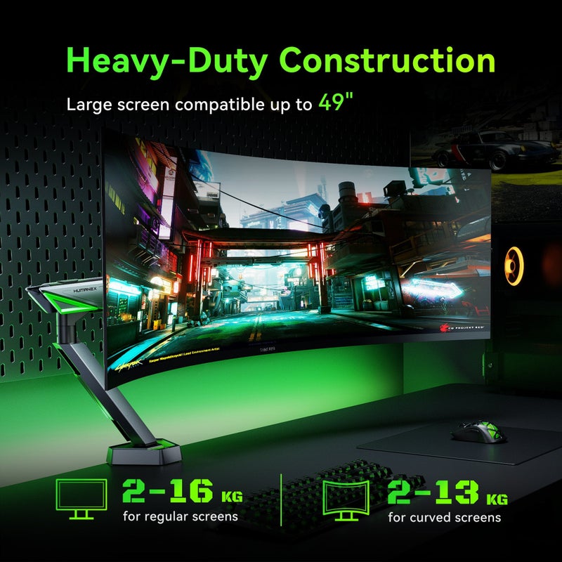 Humanex Gaming Monitor Arm & Single Monitor Stand, Heavy Duty RGB Desk Mount for 17–45″ Screens, Supports up to 16 kg, Full-Motion Tilt, Swivel & 360° Screen Rotation, Infinity Mirror with 20 RGB Lighting Modes, VESA 75×75 / 100×100, Built-In Cable Management, C-Clamp & Grommet – Humanex TX03-1G, Matte Black & Dark Grey - Image 4